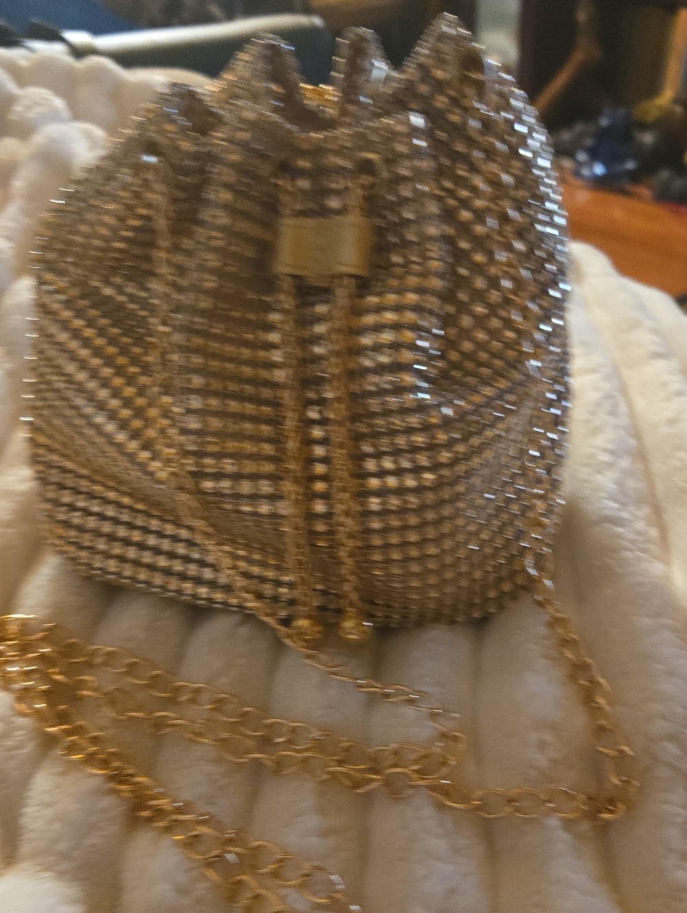 Gold Crystal Mesh Drawstring Mini Bag